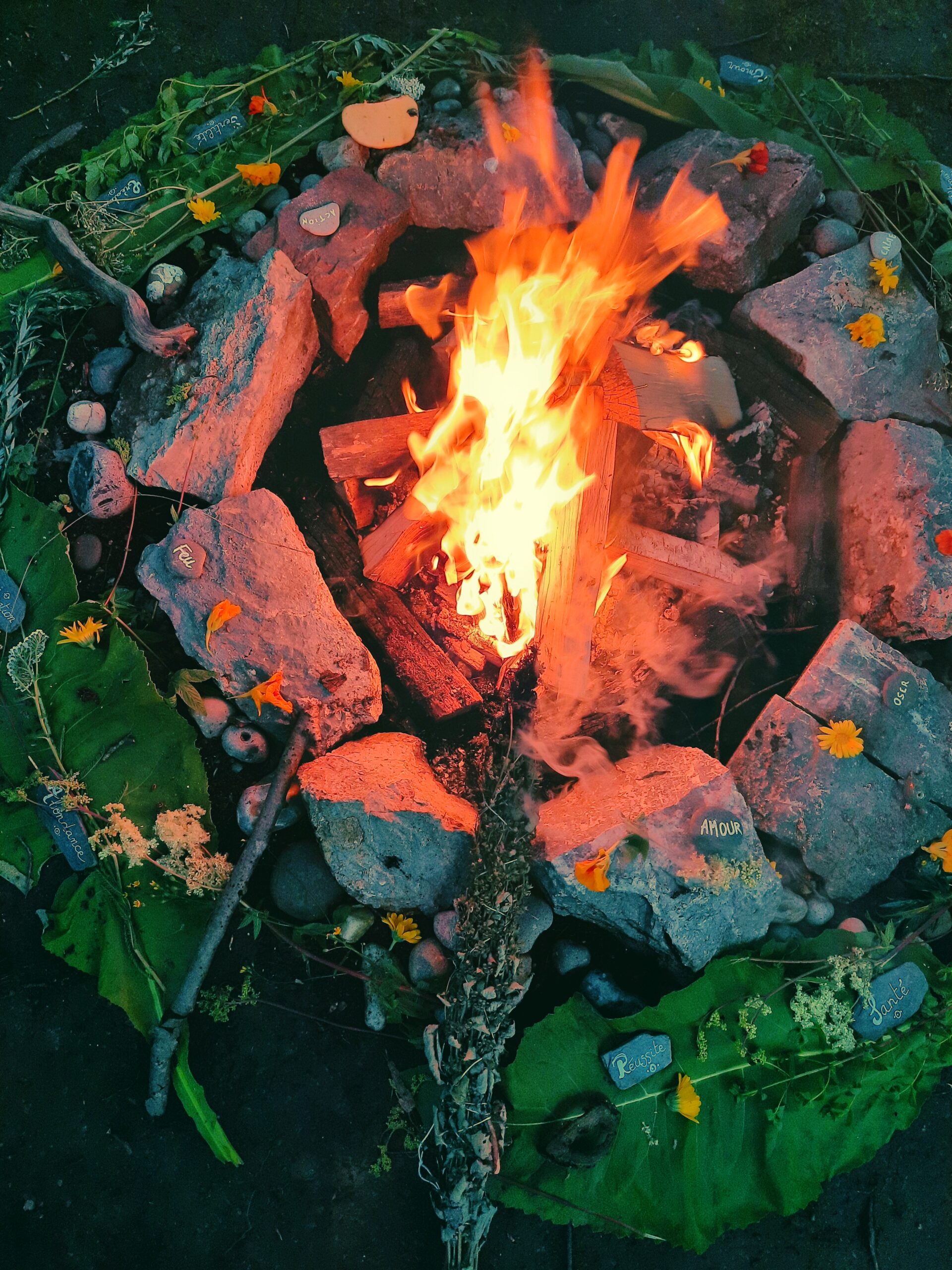 Feu sacré de Litha entouré de pierres et de plantes.